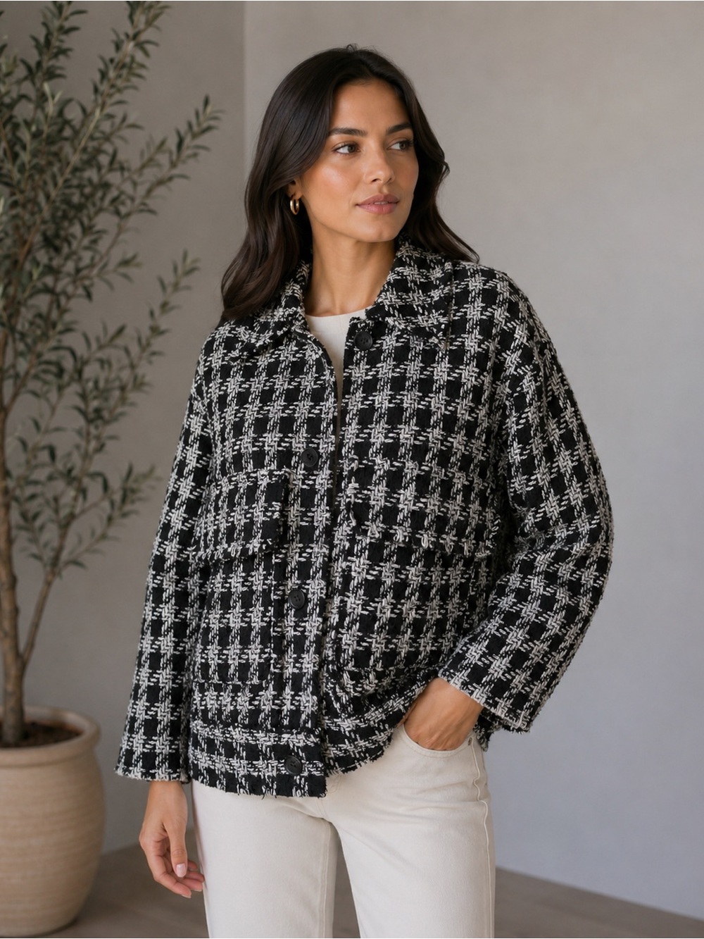 H&M Black & White Tweed Button-Front Jacket